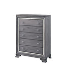 Five Drawer Solid Wood Chest with Mirror Trim Front Outline, Gray-Cabinet and Storage Chests-Gray-Mirror Solid Wood and Metal-JadeMoghul Inc.