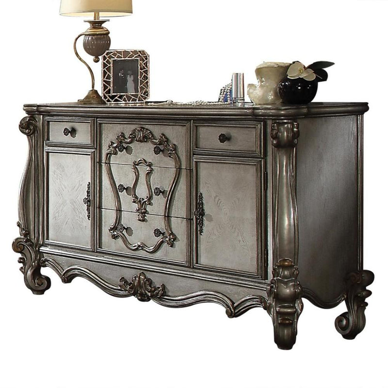 Five Drawer & Two Door Dresser With Oversized Scrolled Legs, Antique Platinum-Bedroom Furniture-Gray-Wood Poly Resin-JadeMoghul Inc.