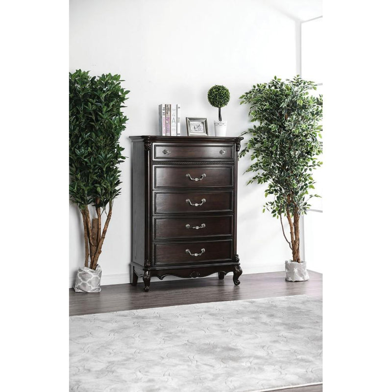 Five Drawer Wooden Chest with Metal Handles and Scrolled Legs, Brown-Cabinet and Storage Chests-Brown-Wood Veneer Solid Wood and Metal-JadeMoghul Inc.