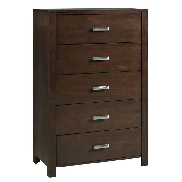 Five Drawer Wooden Chest with Metal Pull Handles, Dark Brown-Cabinets and storage chests-Brown-Wood and Metal-JadeMoghul Inc.