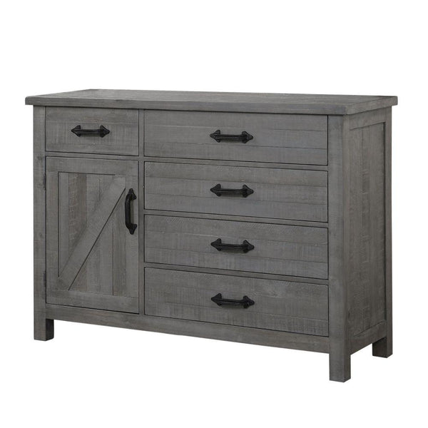 Five Drawer Wooden Dresser with Plank Design, Rustic Gray-Cabinets and storage chests-Gray-Wood Metal-JadeMoghul Inc.