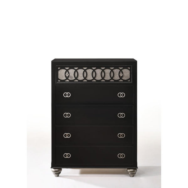 Five Drawers Chest With Bun Feet, Black-Cabinet and Storage Chests-Black-Wood-JadeMoghul Inc.