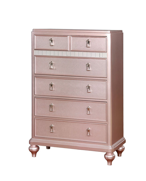 Five Drawers Contemporary Solid Wood Chest With Mirror Accent, Pink-Cabinet and Storage chests-Pink-Solid Wood Metal Glass-JadeMoghul Inc.