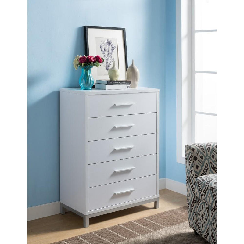 Five Drawers Wooden Chest with Metal Bar Handles, White and Silver-Cabinet and Storage Chests-White and Silver-Wood and Metal-JadeMoghul Inc.