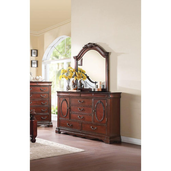 Five Drawers Wooden Dresser with Decorative Accents, Cherry Brown-Bedroom Furniture-Brown-Wood And Metal-JadeMoghul Inc.