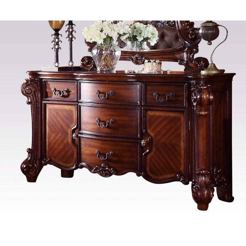 Five Drawers Wooden Dresser with Scrolled Poster Legs, Cherry Brown-Bedroom Furniture-Brown-Wood And Metal-JadeMoghul Inc.