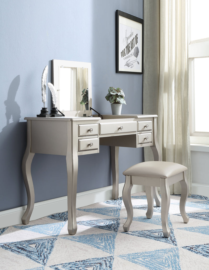 Five Drawers Wooden Vanity Set with Leatherette Seat Stool, Silver and White