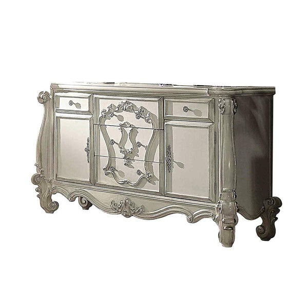 Five Spacious Drawers Wooden Dresser with Carved Details, Bone White-Bedroom Furniture-White-Wood And Metal-JadeMoghul Inc.