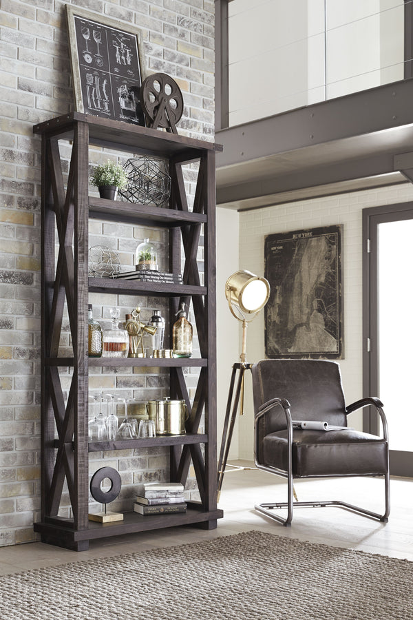 Five Tier Bookshelf with Exposed Bolts and Rustic Cross Bracing , Brown-Cabinets and storage chests-Brown-Wood-JadeMoghul Inc.