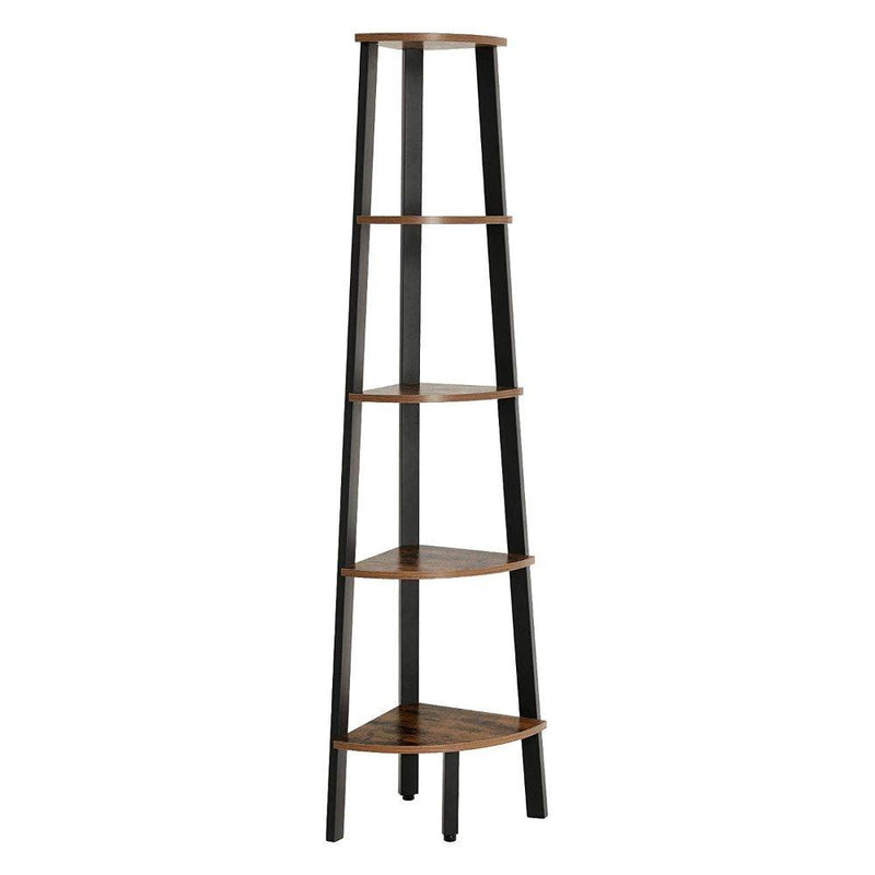 Five Tier Ladder Style Wooden Corner Shelf with Iron Framework, Brown and Black