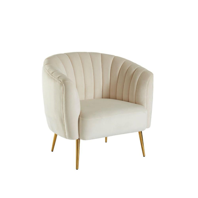 Flannelette Upholstered Shell Tufting Accent Chair with Metal Legs, Gold and Ivory-Accent Chairs-Ivory and Gold-Flannelette Fabric and Metal-JadeMoghul Inc.