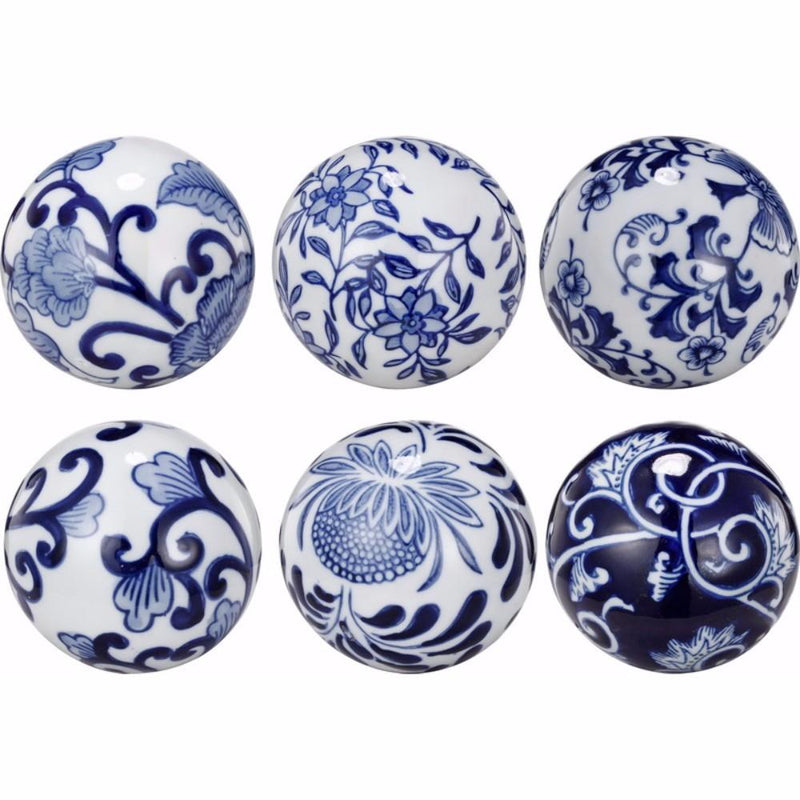 Flashy Ceramic decorative Orbs, Blue and White, Set of 6-Decorative Objects and Figurines-Blue and White-CERAMIC-JadeMoghul Inc.