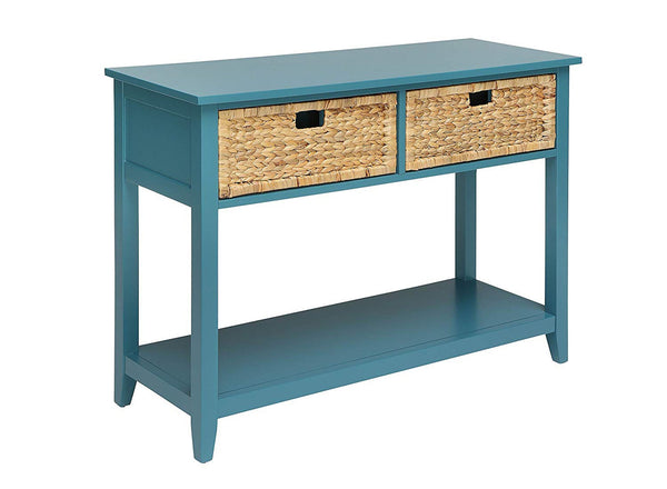 Flavius Console Table with 2 Drawers, Blue-Console Tables-Blue-Solid Wood Leg Wood Veneer MDF Basket Front-JadeMoghul Inc.