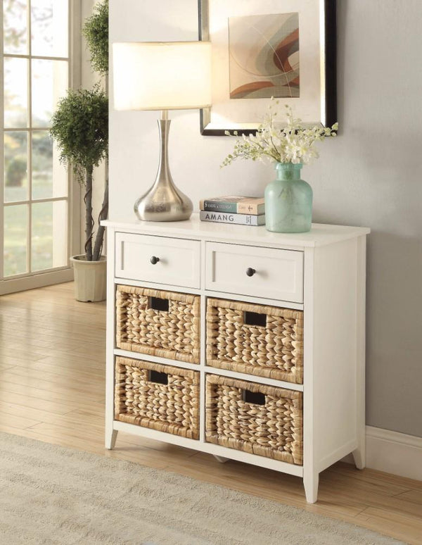 Flavius Console Table With 6 Drawers, White-Console Tables-White-Wood Veneer MDF Basket Front-JadeMoghul Inc.