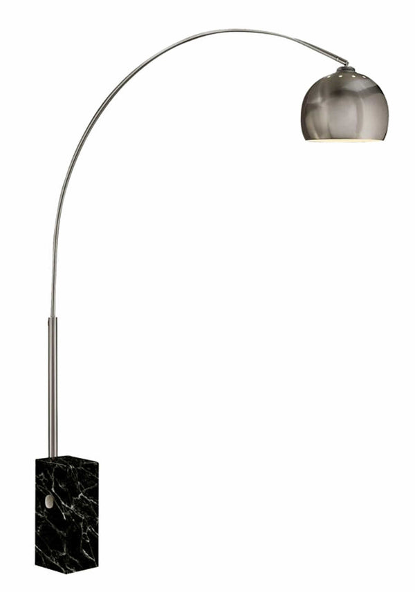 Floor Lamp Steel Floor Lamp with Sleek Curved Rod and Marble Base, Black and Silver Benzara
