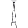 Floor Lamp Torchiere Floor Lamp With Clear Glass Shelving, Black And White Benzara