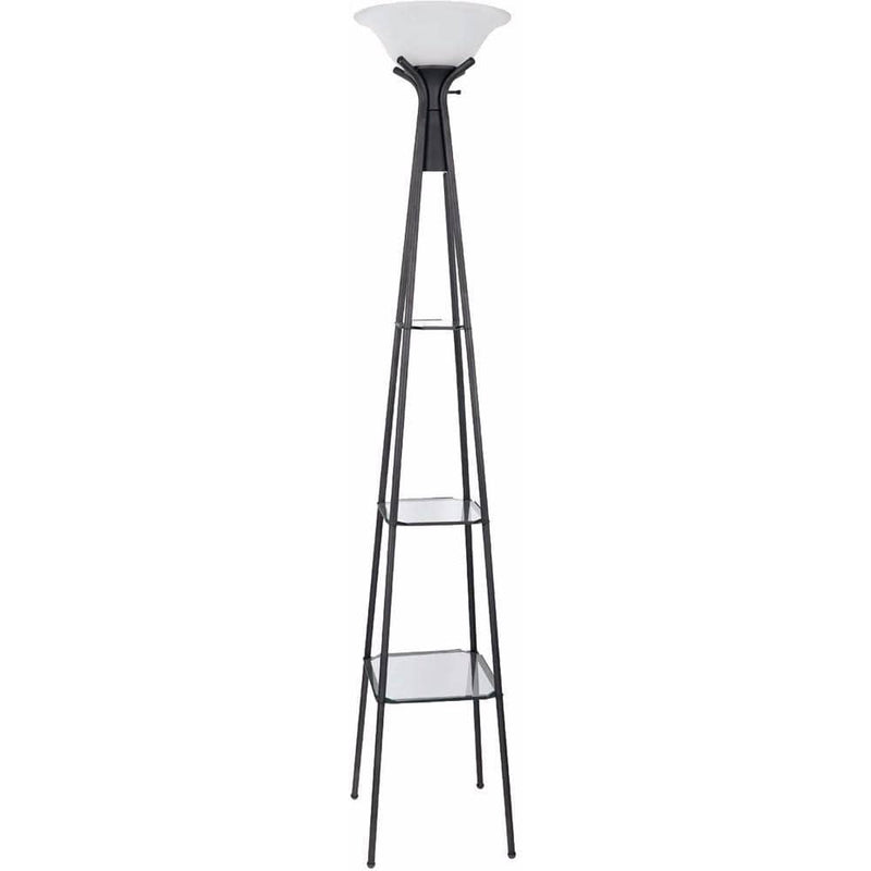 Floor Lamp Torchiere Floor Lamp With Clear Glass Shelving, Black And White Benzara