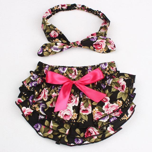 Floral Bow Baby Bloomer Headband set Girl Diaper Covered Tutu Ruffled Panties Infant Shorts Culottes baby Newborn Photo Props-color 10-Newborn-JadeMoghul Inc.