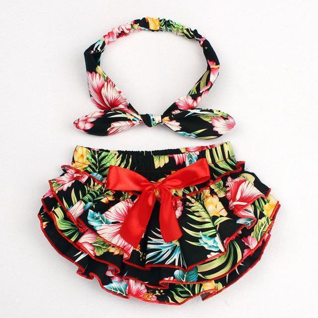 Floral Bow Baby Bloomer Headband set Girl Diaper Covered Tutu Ruffled Panties Infant Shorts Culottes baby Newborn Photo Props-color 13-Newborn-JadeMoghul Inc.
