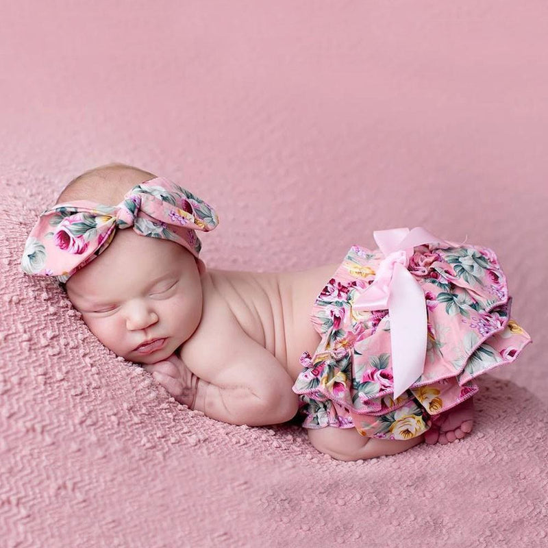 Floral Bow Baby Bloomer Headband set Girl Diaper Covered Tutu Ruffled Panties Infant Shorts Culottes baby Newborn Photo Props-color 8-Newborn-JadeMoghul Inc.