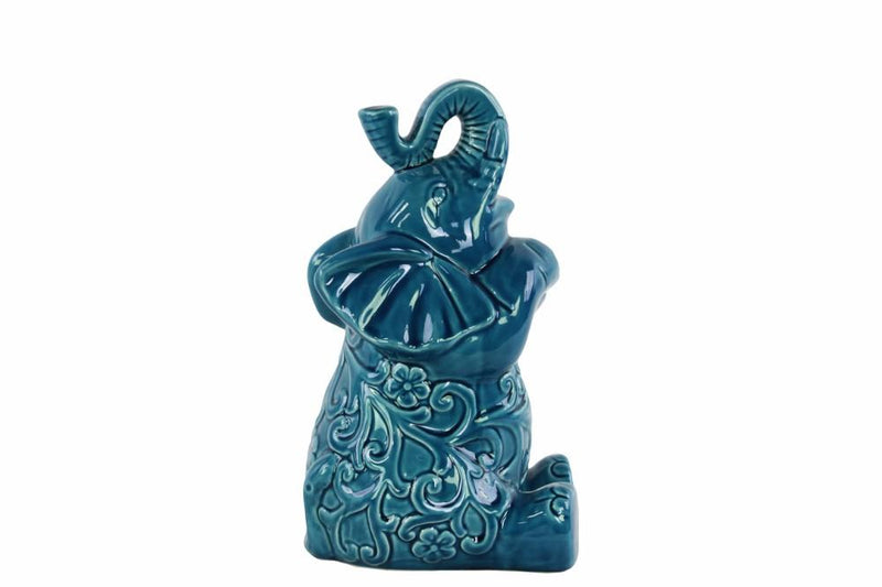 Floral Carved Sitting Elephant Figurine In Ceramic, Medium, Turquoise Blue-Animal Statues-Blue-Ceramic-Glossy Turquoise-JadeMoghul Inc.