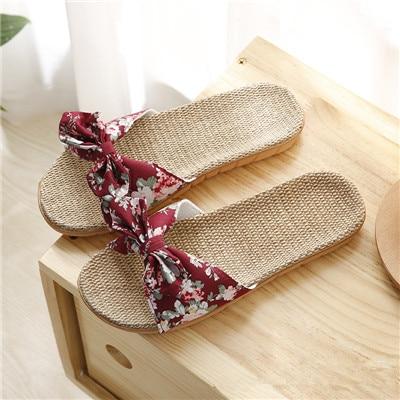 Floral Cotton Bow Tie Jute Slippers-Red-5.5-JadeMoghul Inc.