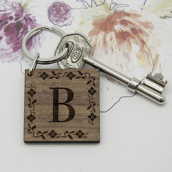 Personalized Keychains Floral Frame Initial Wooden Keyring