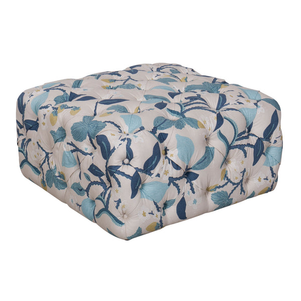 Floral Patterned Fabric Upholstered Wooden Ottoman with Button Tufted Detailing, Multicolor