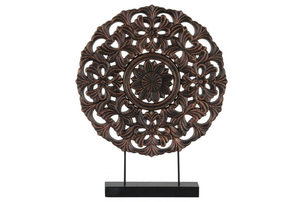 Floral Patterned Round Wooden Wheel Ornament On Rectangular Stand, Large, Bronze-Home Accent-Bronze-Wood-JadeMoghul Inc.