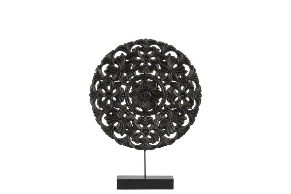 Floral Patterned Round Wooden Wheel Ornament On Rectangular Stand, Small, Black-Home Accent-Black-Wood-JadeMoghul Inc.
