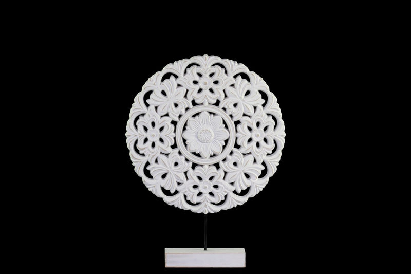 Floral Patterned Round Wooden Wheel Ornament On Rectangular Stand, Small, White-Home Accent-White-Wood-JadeMoghul Inc.