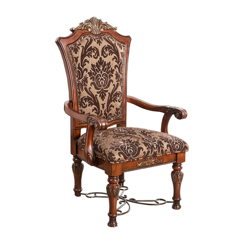 Floral Print Fabric Upholstered Arm Chair In Wood, Cherry Brown, Set Of 2-Dining Chairs-Brown-Wood And Fabric-JadeMoghul Inc.