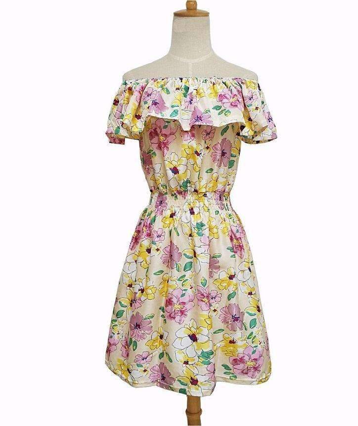 Floral Printed Chiffon Off Shoulder Summer Dress-12-L-JadeMoghul Inc.