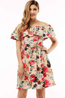 Floral Printed Chiffon Off Shoulder Summer Dress-9-L-JadeMoghul Inc.