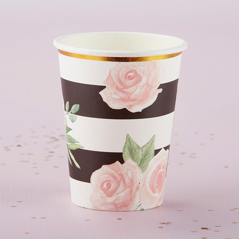 Floral Striped Paper Cups (Set of 8)-Wedding Reception Decorations-JadeMoghul Inc.