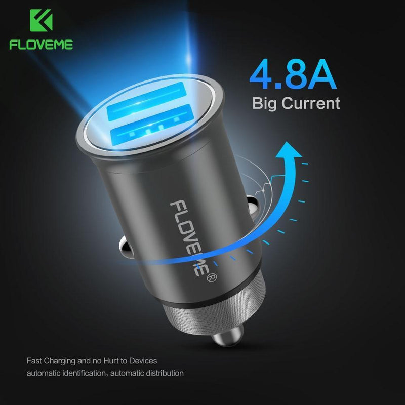 FLOVEME 5V/4.8A Dual Port USB Car Charger For iPhone 7 X 8 Universal Mini Metal Mobile Car-charger For Samsung S8 Xiaomi Adapter-Silver-JadeMoghul Inc.