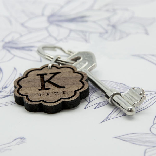 Personalized Keychains Flower Wooden Keyring with Initial and Name