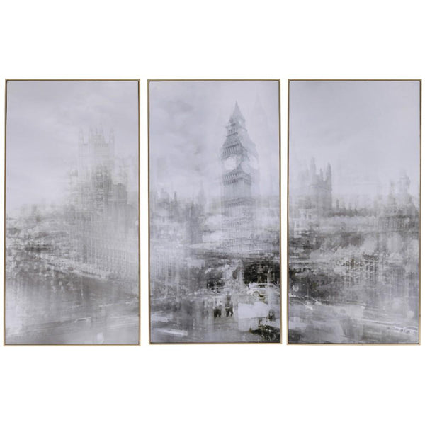 Foggy City Print With Golden Wooden Frame, Gray, Set of 3-Wall Decor-Gold & Gray-Wood Canvas-JadeMoghul Inc.