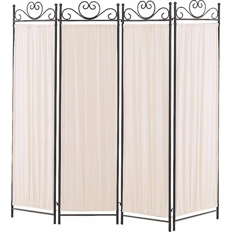 Folding Screen with Metal Frame & Gathered Fabric Panels, Black And White-Screens and Room Dividers-Black And White-METAL-Black-JadeMoghul Inc.