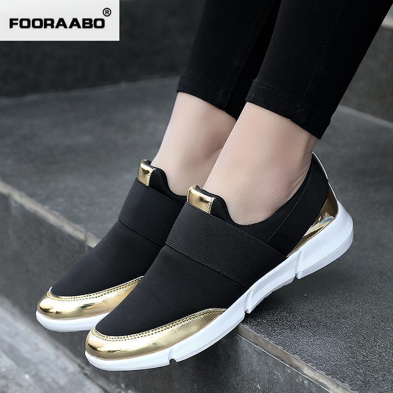 Fooraabo 2018 Summer Women Casual Shoes Female Platform Shoes Slip On Women Flats Tenis Feminino Casual Ladies Sneakers Silver-Black gold-4.5-JadeMoghul Inc.