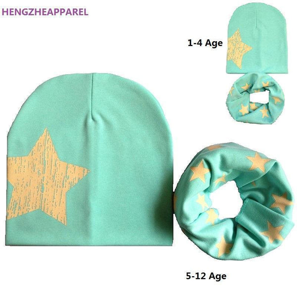For 1-12 Years Old Baby Kids Children Hat Boys Girls Autumn Winter Cotton Hat Scarf Set Child Beanies Caps-S Black one star set-JadeMoghul Inc.