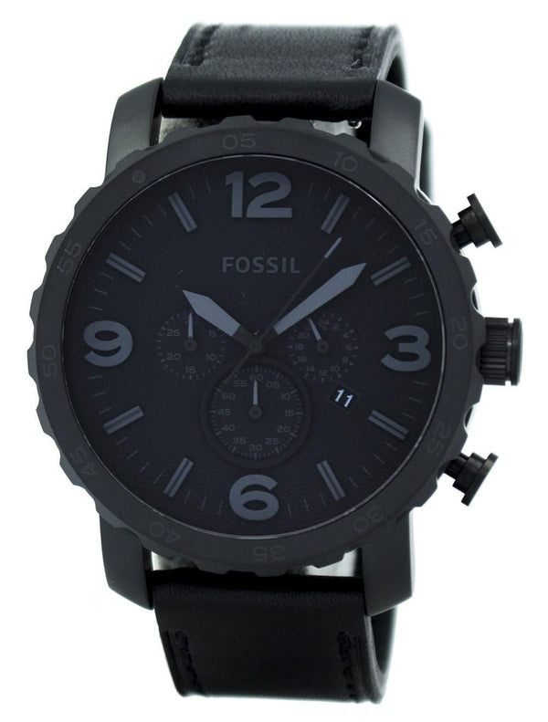 Fossil Nate Chronograph Black Ion-plated Leather JR1354 Men's Watch-Branded Watches-JadeMoghul Inc.