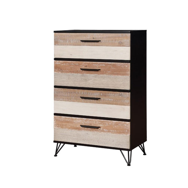 Four Drawer Solid Wood Chest with Triple-Bar Metal Legs, Multicolor-Cabinet and Storage chests-Multicolor-Solid Wood Wood Veneer Metal-JadeMoghul Inc.
