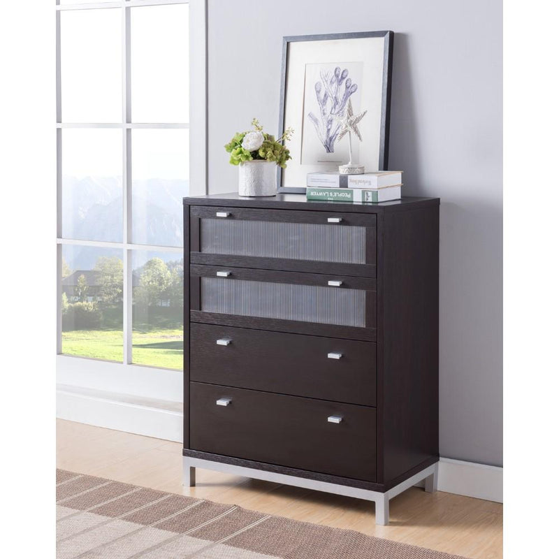 Four Drawers Wooden Utility Chest with Metal Base, Brown and Silver-Cabinet and Storage Chests-Brown and Silver-Wood Metal and Glass-JadeMoghul Inc.