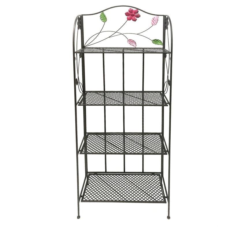 Four Tier Open Iron Shelf with Floral and Scroll Work Accents, Black