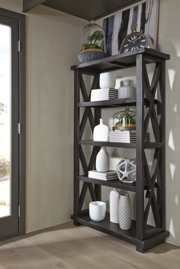 Four Tier Wooden Bookshelf with Exposed Bolts and Rustic Cross Bracing , Brown-Cabinets and storage chests-Brown-Wood-JadeMoghul Inc.