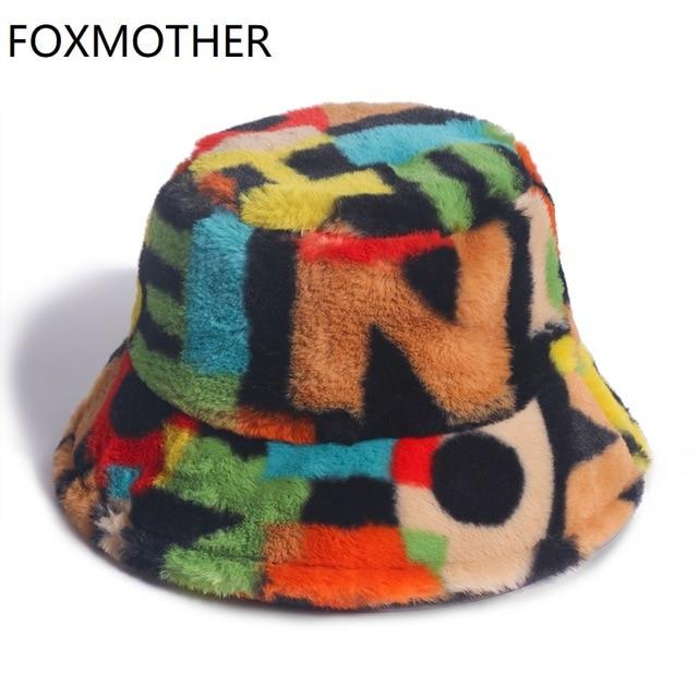 FOXMOTHER New Outdoor Multicolor Rainbow Faux Fur Letter Pattern Bucket Hats Women Winter Soft Warm Gorros Mujer JadeMoghul Inc. 