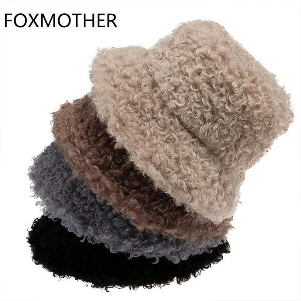 FOXMOTHER New Outdoor Warm Lamb Faux Fur Bucket Hat Black Solid Fluffy Fishing Cap Panama Bob Fisherman Gorros Women Winter 2020 AExp