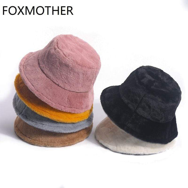 FOXMOTHER Winter Outdoor Vacation Lady Panama Black Solid Thickened Soft Warm Fishing Cap Faux Fur Rabbit Bucket Hat For Women JadeMoghul Inc. 