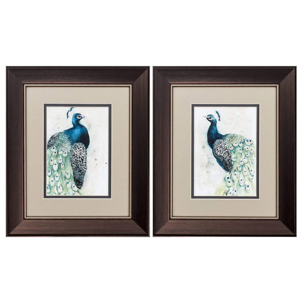 Frames Picture Frame Set - 11" X 13" Metallic Bronze Frame Watercolor Peacock (Set of 2) HomeRoots